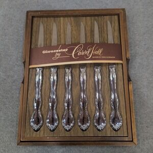 Carvel Hall Gloucester Steak Knives Set of 6 Vintage Silverplate Wooden Case